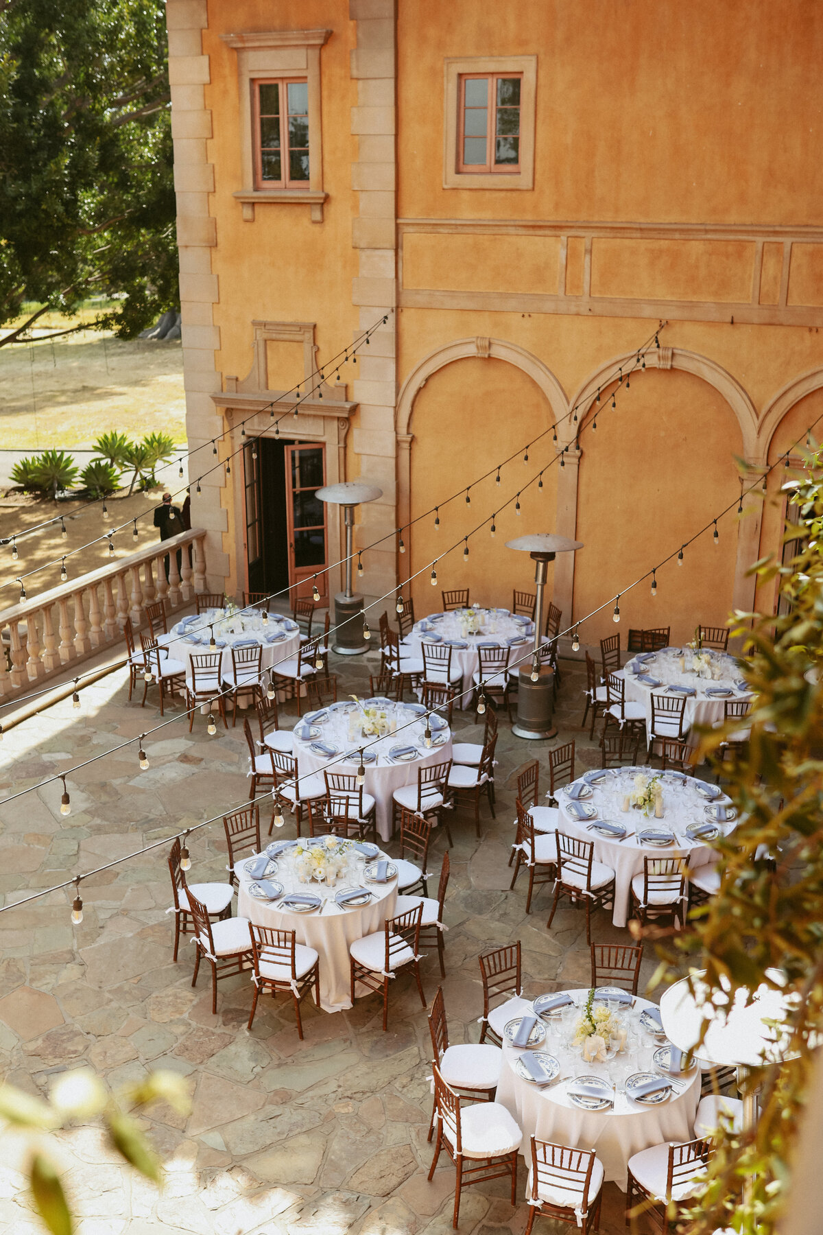 over view photo of  recpetion with blue and white china plates , hanging string lights and vines covering the walls