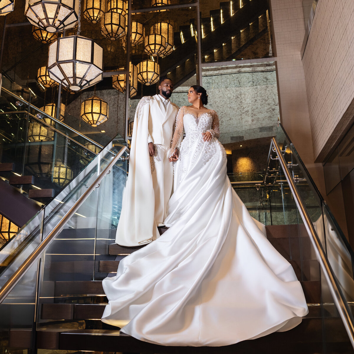 bride and groom on steps