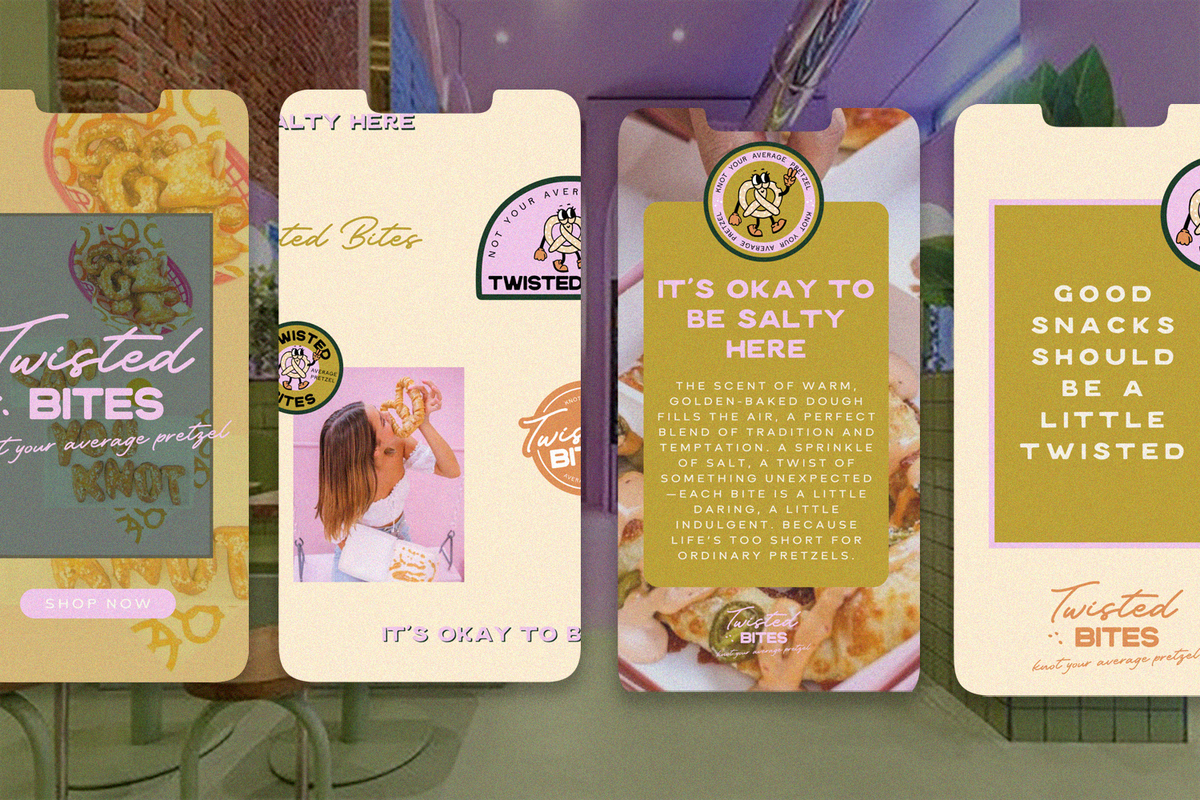 Custom illustration and typography for a playful food brand – The Twisted Bites brand identity is rooted in fun and nostalgia, with hand-drawn illustrations and dynamic typography. The playful visuals make every design touchpoint feel engaging and full of personality.