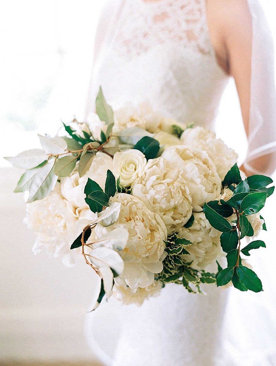 White and Green Bridal Bouquet by Sidra Forman with Peonies © Bonnie Sen Photography