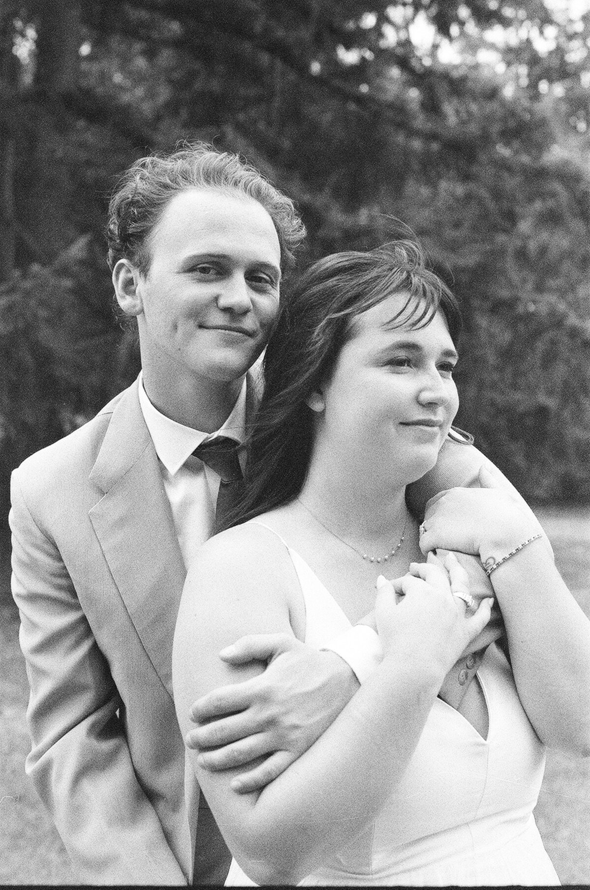 Black and white film portrait of a couple on their wedding day