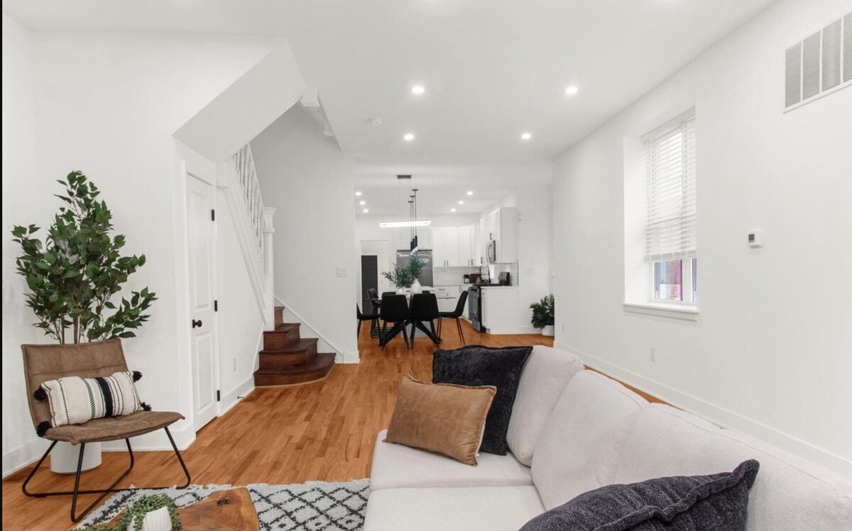 Kelly DeTommaso Elegant Transitions Vacant Home Staging Philadelphia Living Room Kitchen