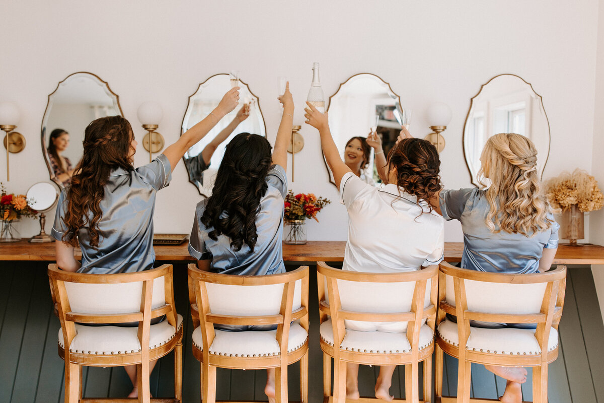 bride and bridal party sitting in chairs with glasses raised in their hands