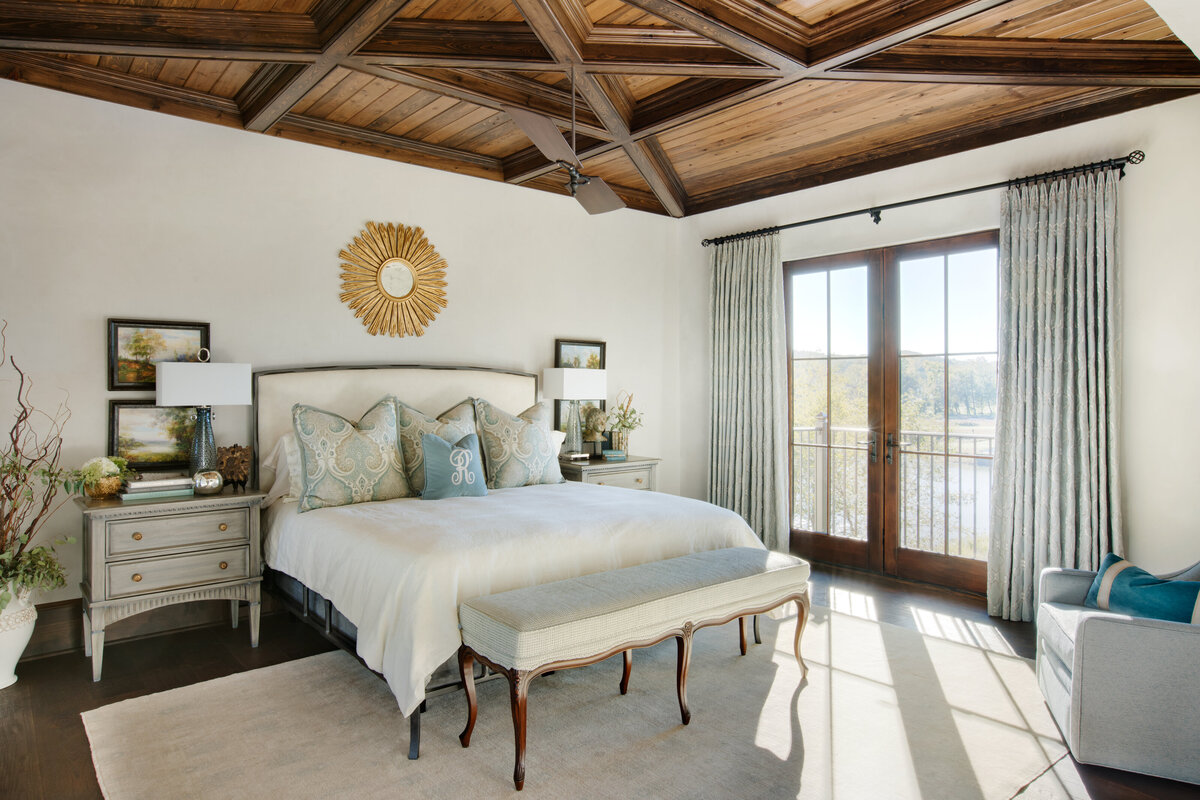 Panageries Residential Interior Design | Italian Country Villa Bedroom with Drapery, Area Rug, Art, and Décor