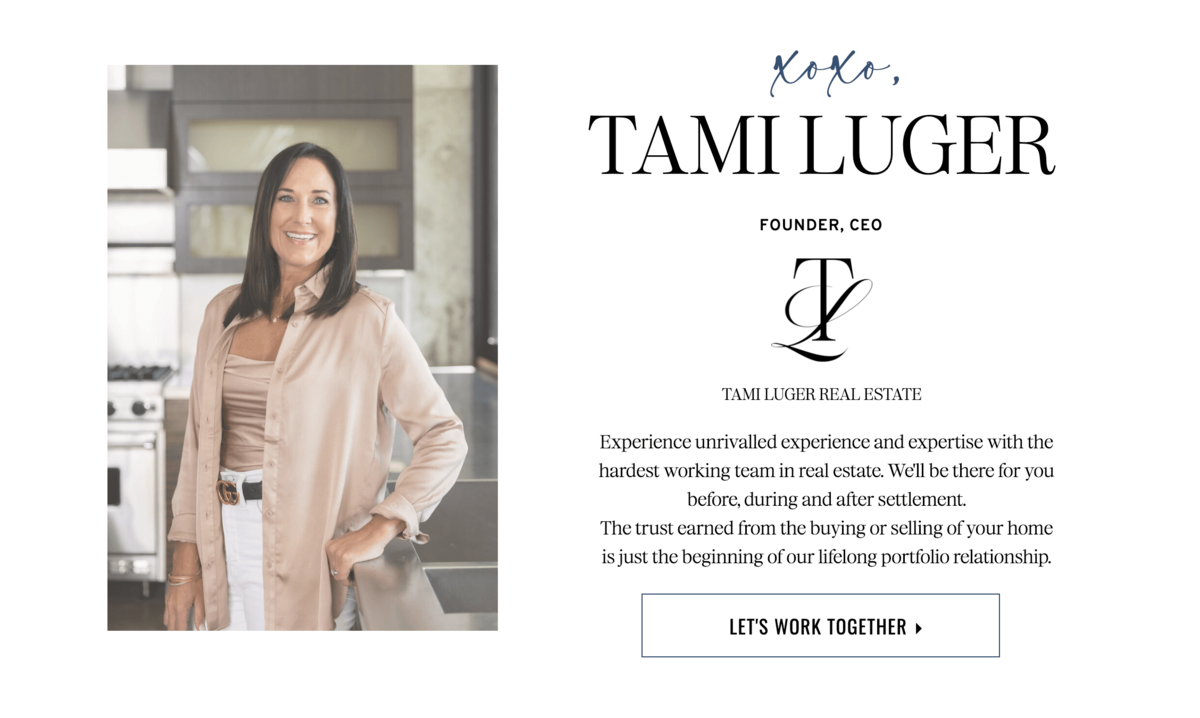 A woman stands smiling in a modern kitchen. Text introduces Tami Luger, Founder and CEO of Tami Luger Real Estate, with a message about her expertise and client relationships—featuring brand design by Sweet Pea Ink Creative.