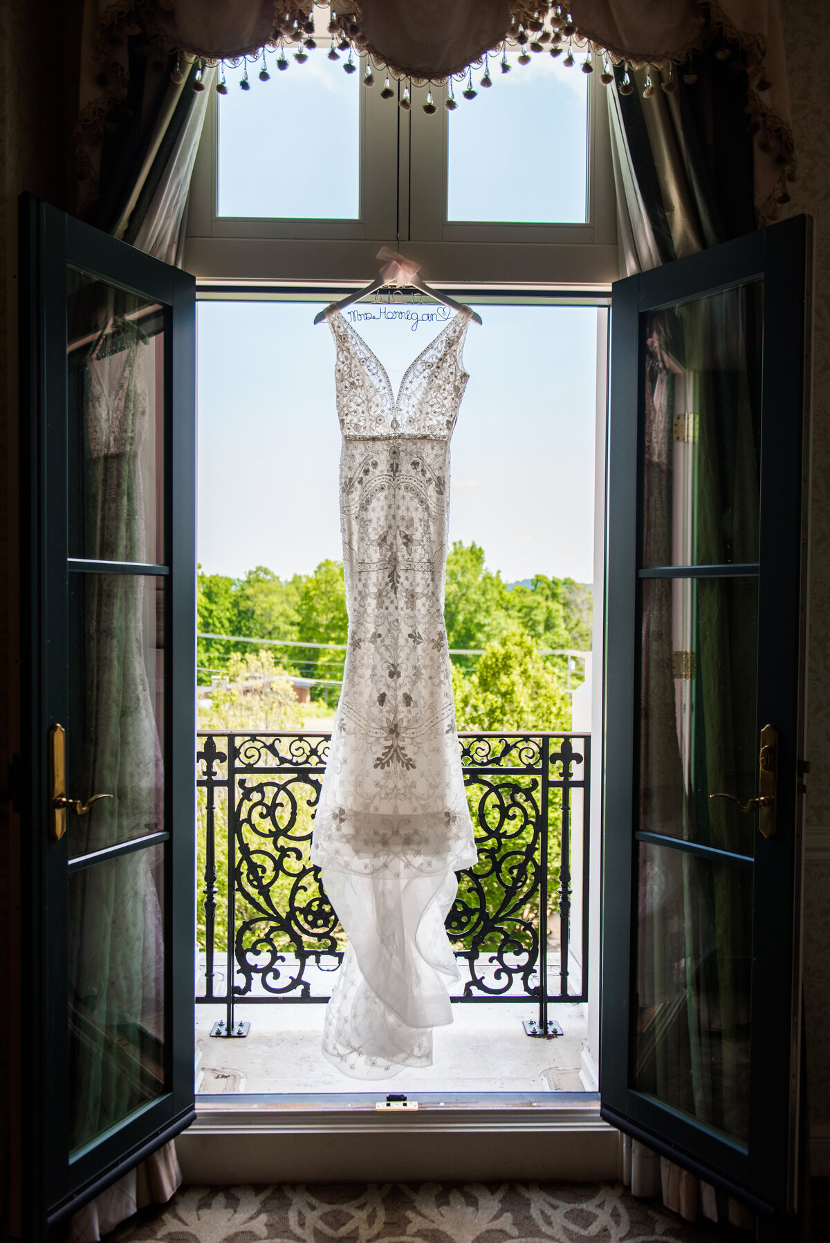 bridal suite wedding dress hanging at chateau at nemacolin resort