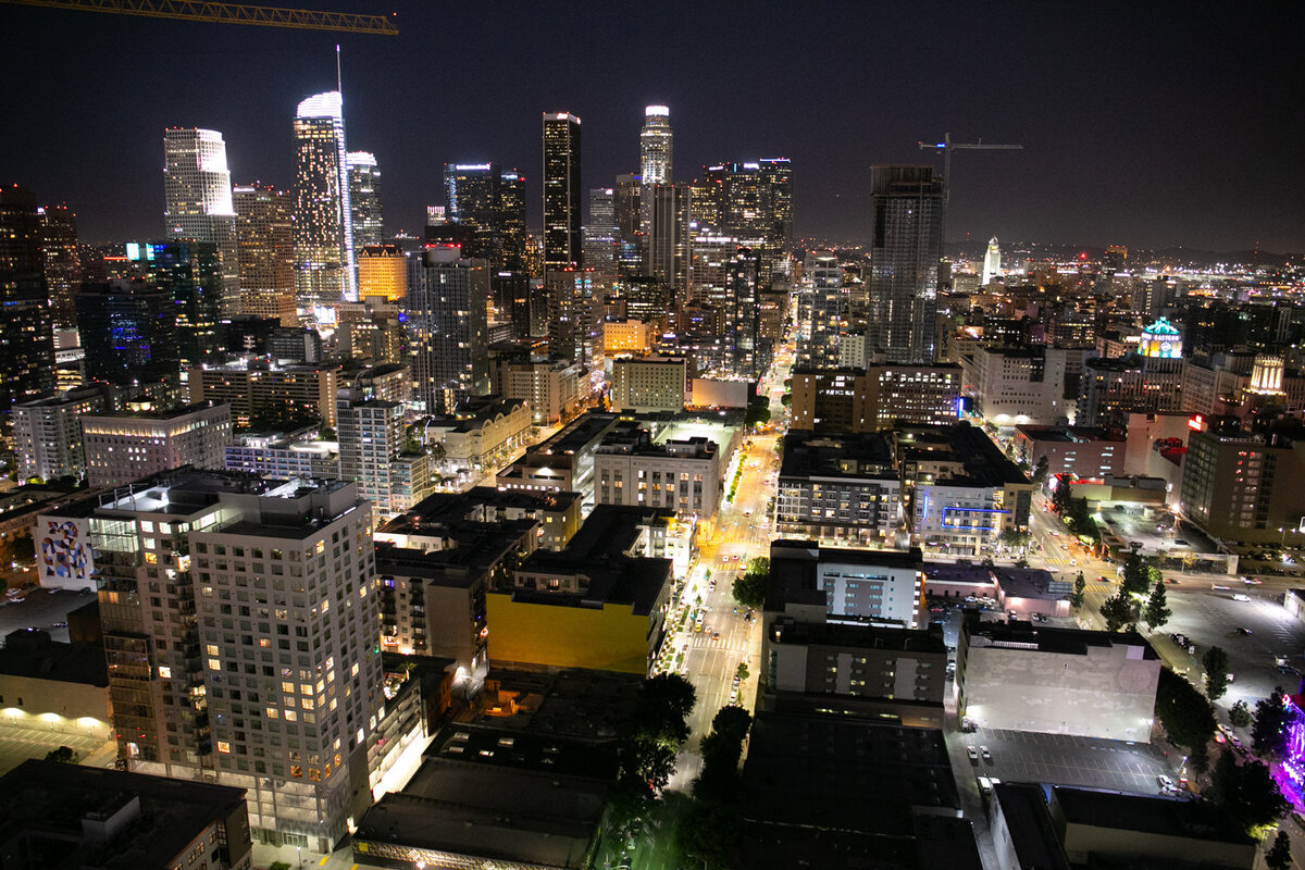 A city skyline lit up at night