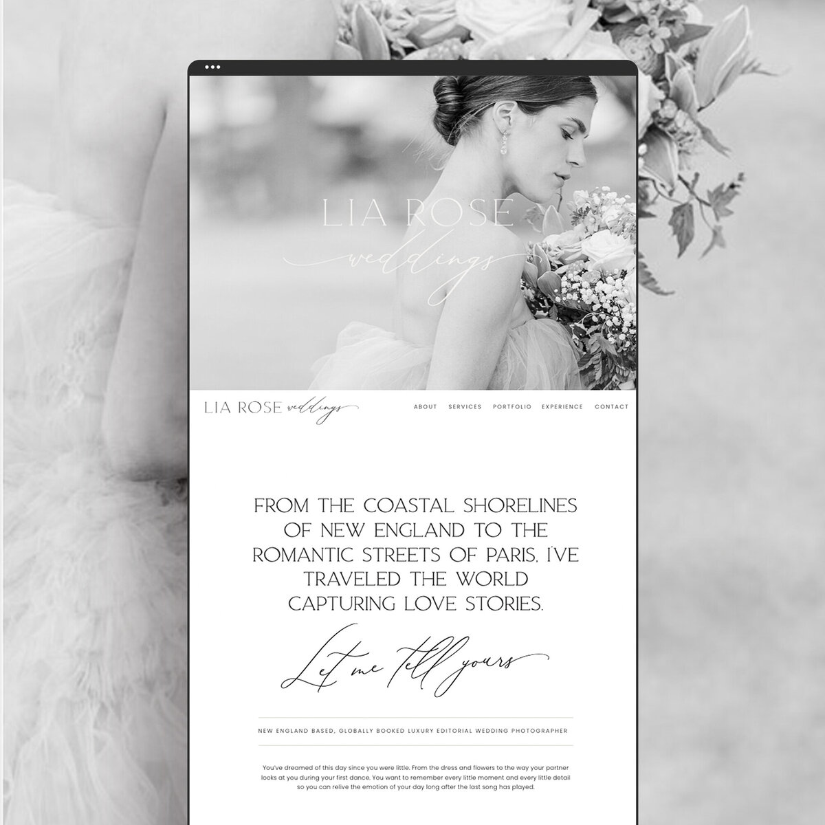 Image features a luxurious screenshot of a Showit template customization for a luxury wedding photographer website, Lia Rose Weddings. Website designed by Marque Creative Studio, Showit website designer.