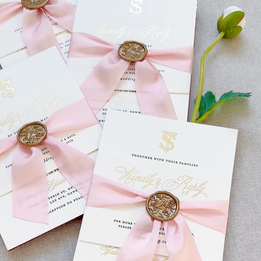 assembled gold foiled wedding invitation suite with pink ribbon and gold wax deal 