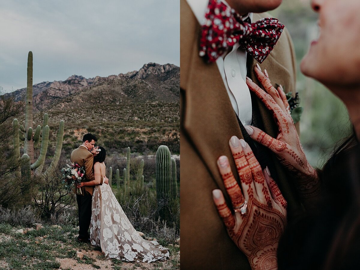 Bride and Groom touch noses amongst several large saguaros in the Tucson desert
