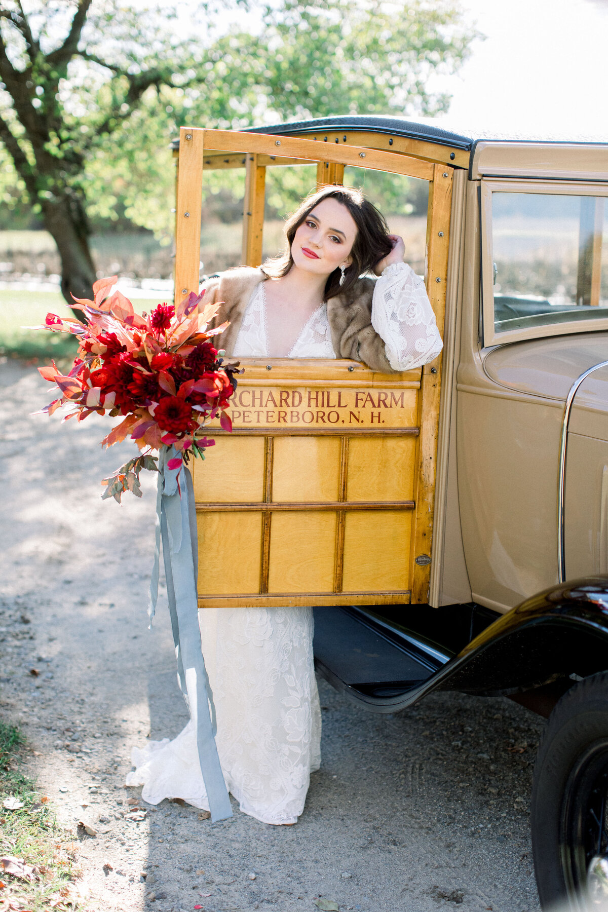 Bride with Red Bouquet and Vintage Truck