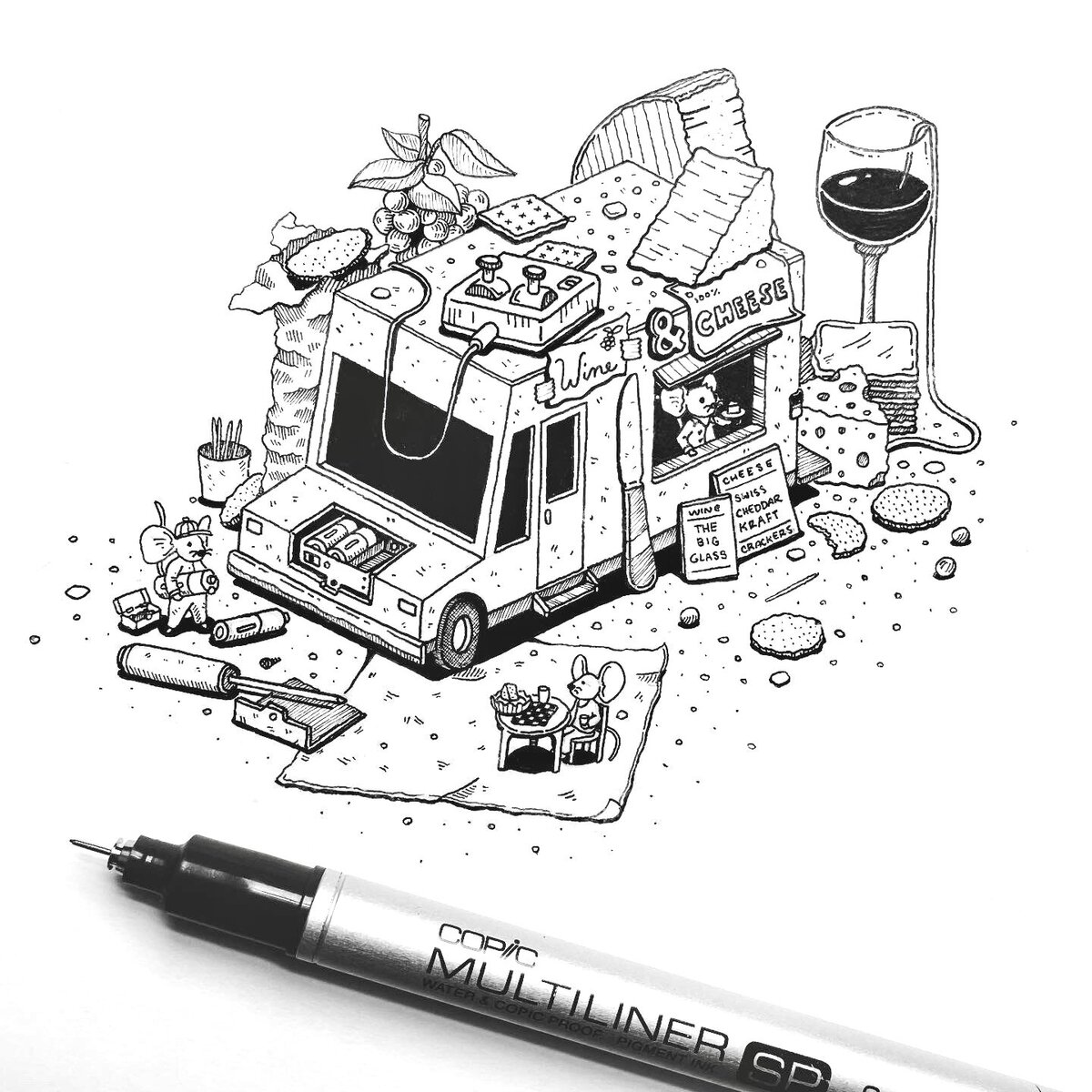 Isometric Pen and Ink illustration of a giant octopus that delivers the mail to a small house on stilts above the water.