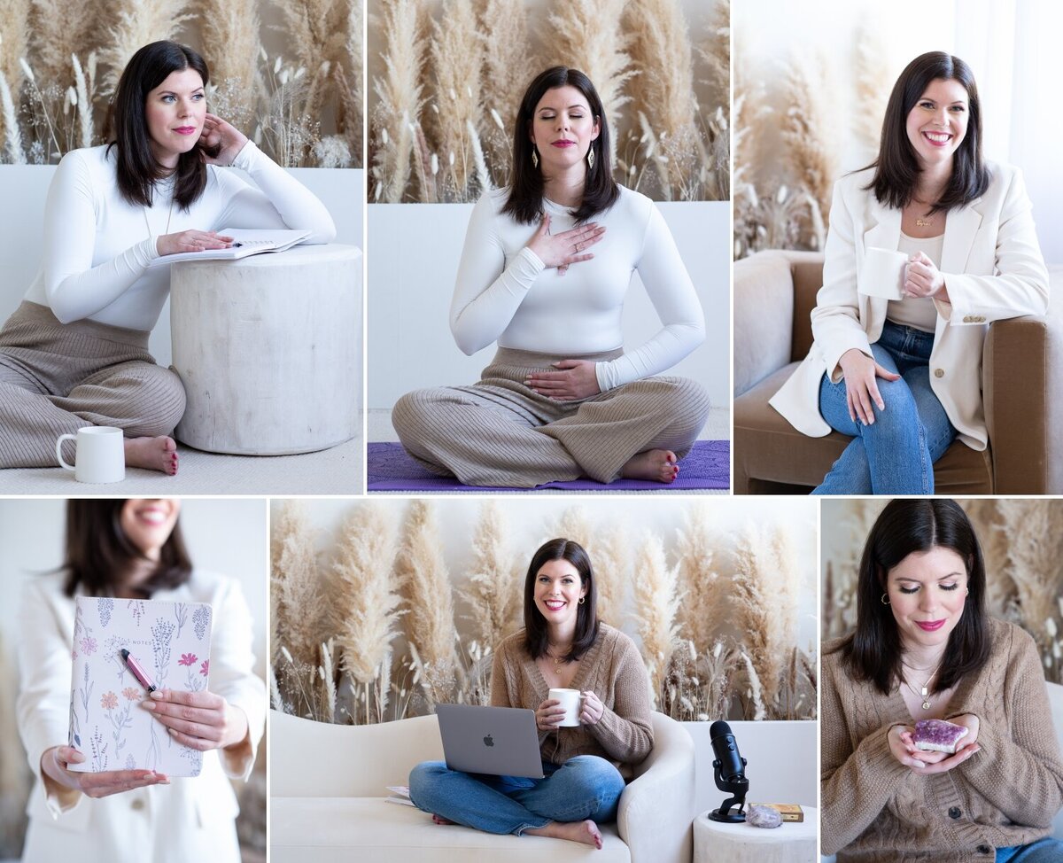 a collage of photos showing a young woman with dark hair and light outfits showing her work as a breathwork coach doing breathing exercises, holding crystals and journaling.  Captured by Ottawa branding photographer JEMMAN Photography