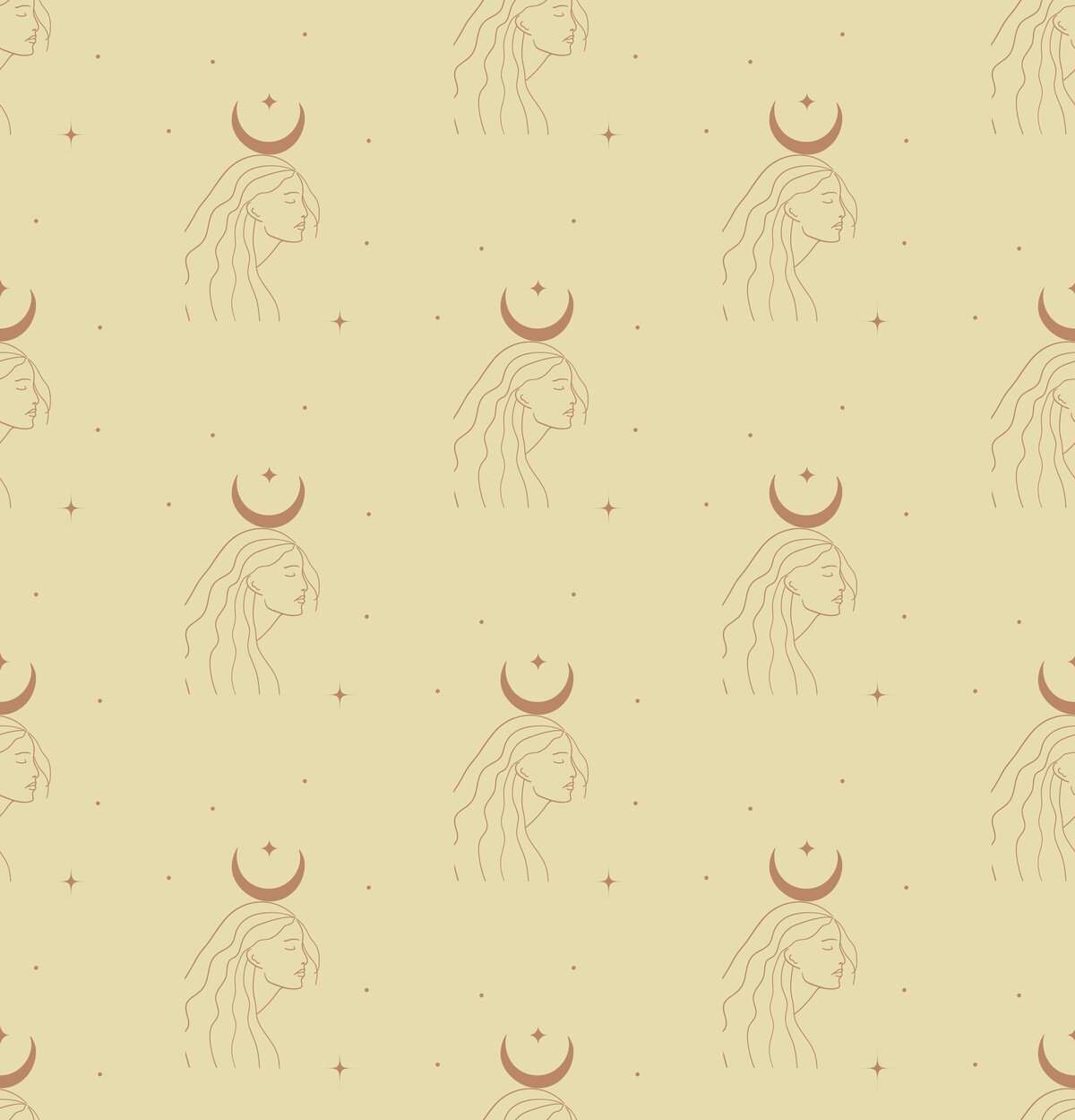 Pattern of woman's outline line art an crescent moon for a bohemian vibe
