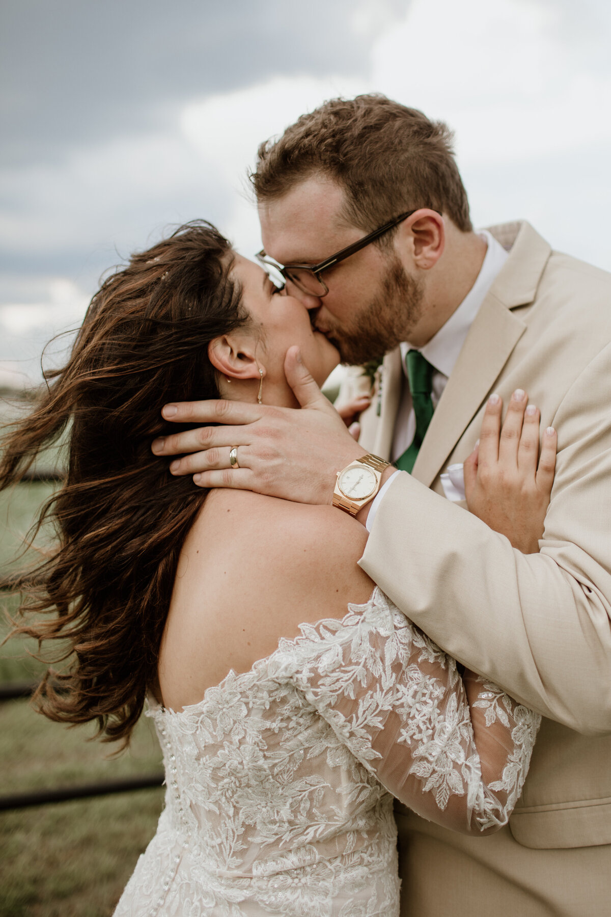 A romantic kiss closeup at Pecan Creek Farm in Venus Texas. Captured by Fort Worth Wedding Photographer, Megan Christine Studio