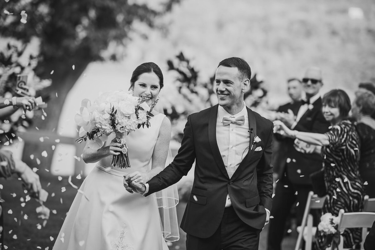 black and white photo of a newly wed couple