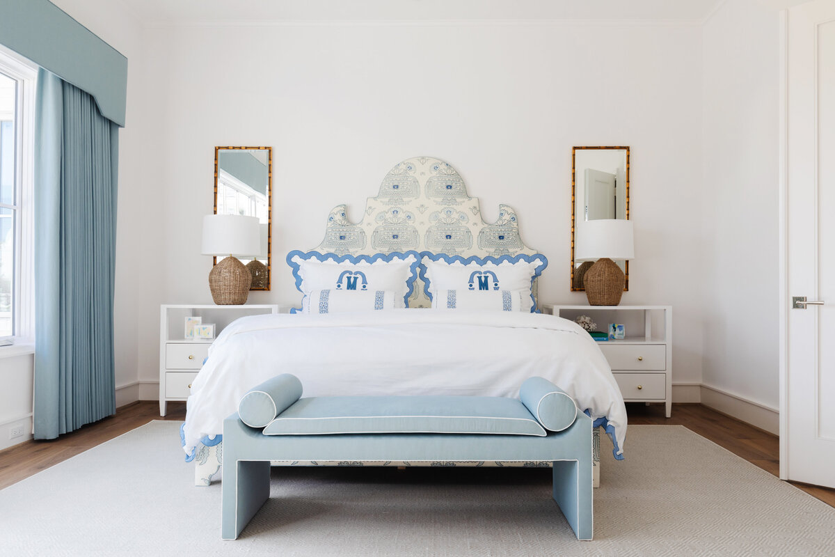 oyster creek studios memorial new build master bedroom blue and white mirrors