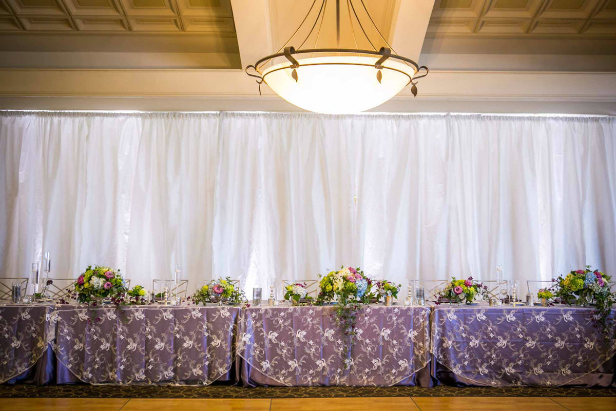 head table with purple linens