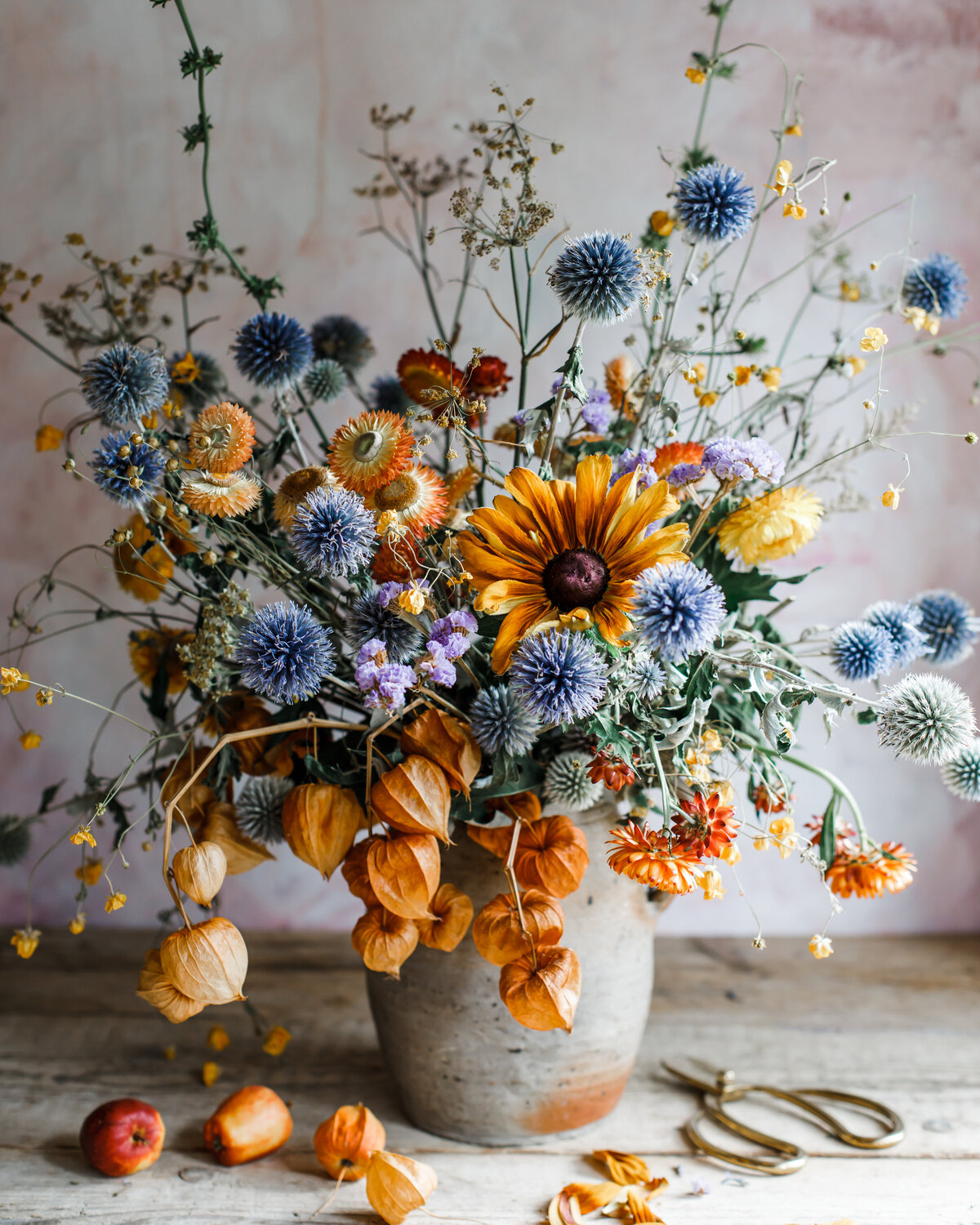 blue and orange flower arrangement