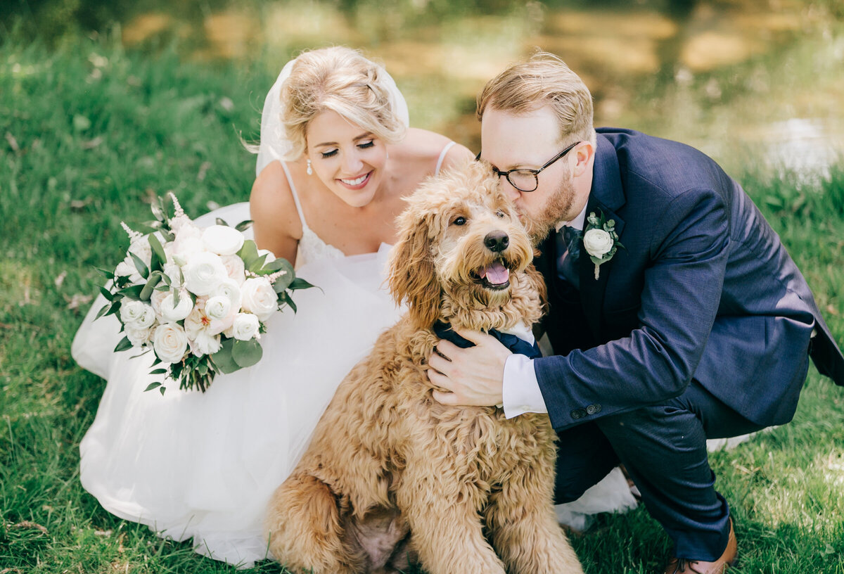 Bride and groom outdoor portraits with cute Labradoodle dog