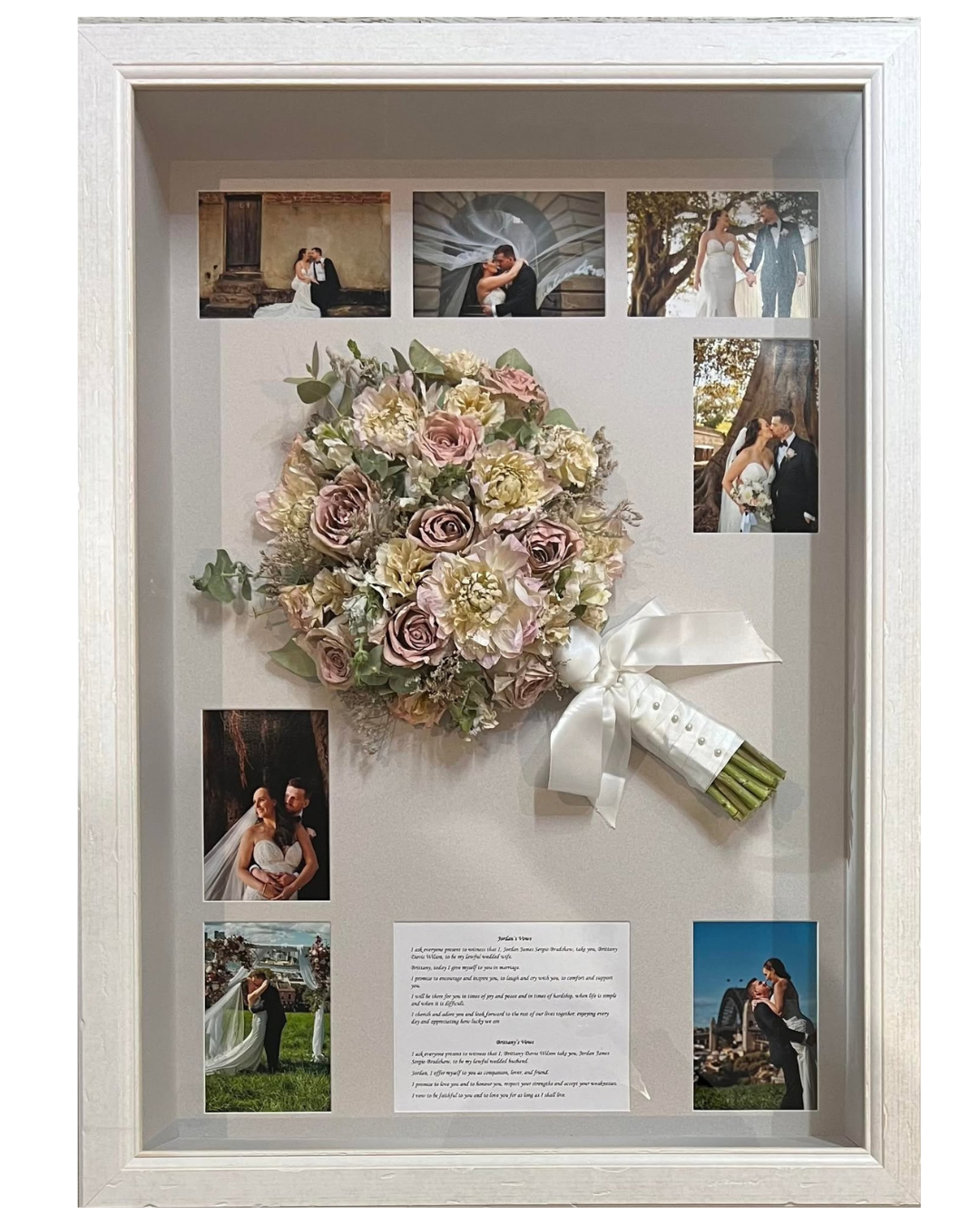 Wedding bouquet preserved in 3D frame.
