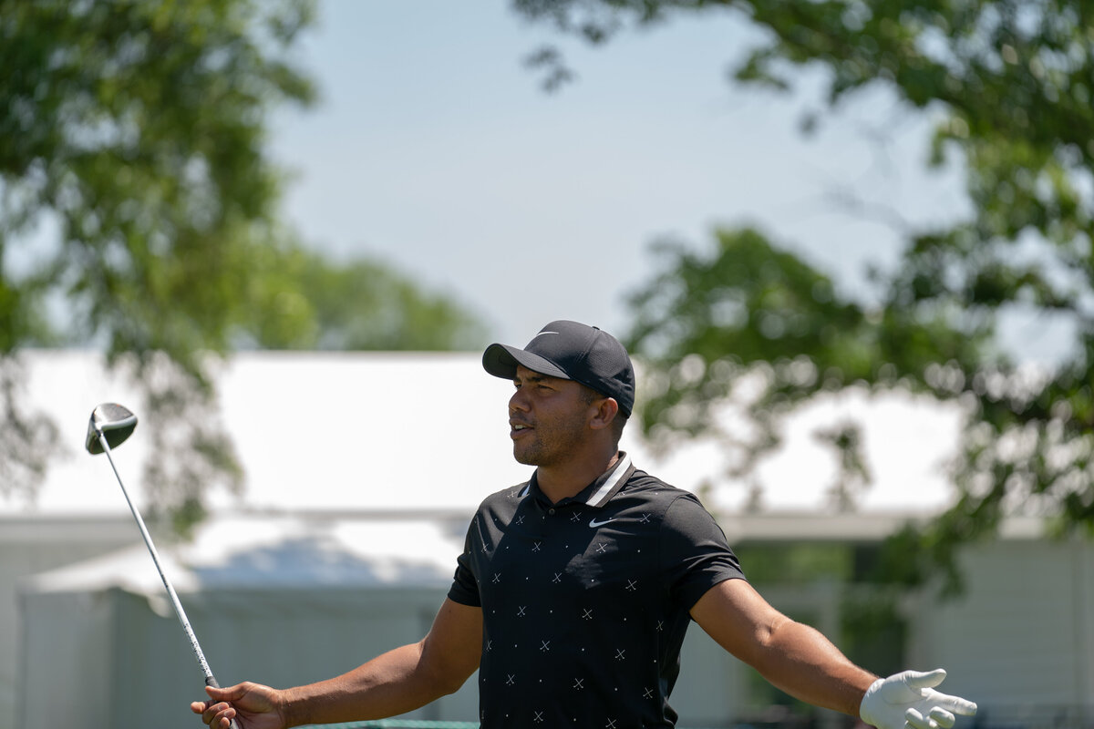 Golfer Jhonattan Vegas wearing Nike with arms wide and a disgusted look on his face after errant tee shot during practice round of 2019 Wells Fargo Championship in Charlotte, NC. 