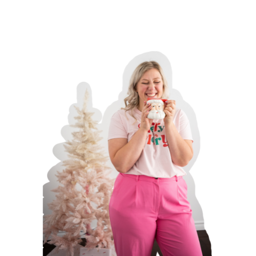 Cutout photo of Kat Murphy in a pink jumpsuit sitting in a pink chair