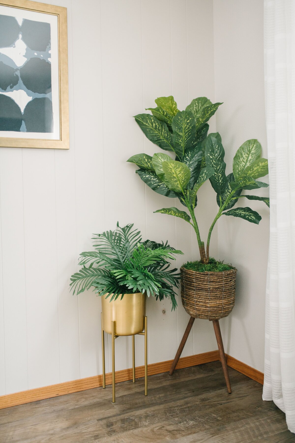 Two potted plants sit in plant stands in the corner of a living room