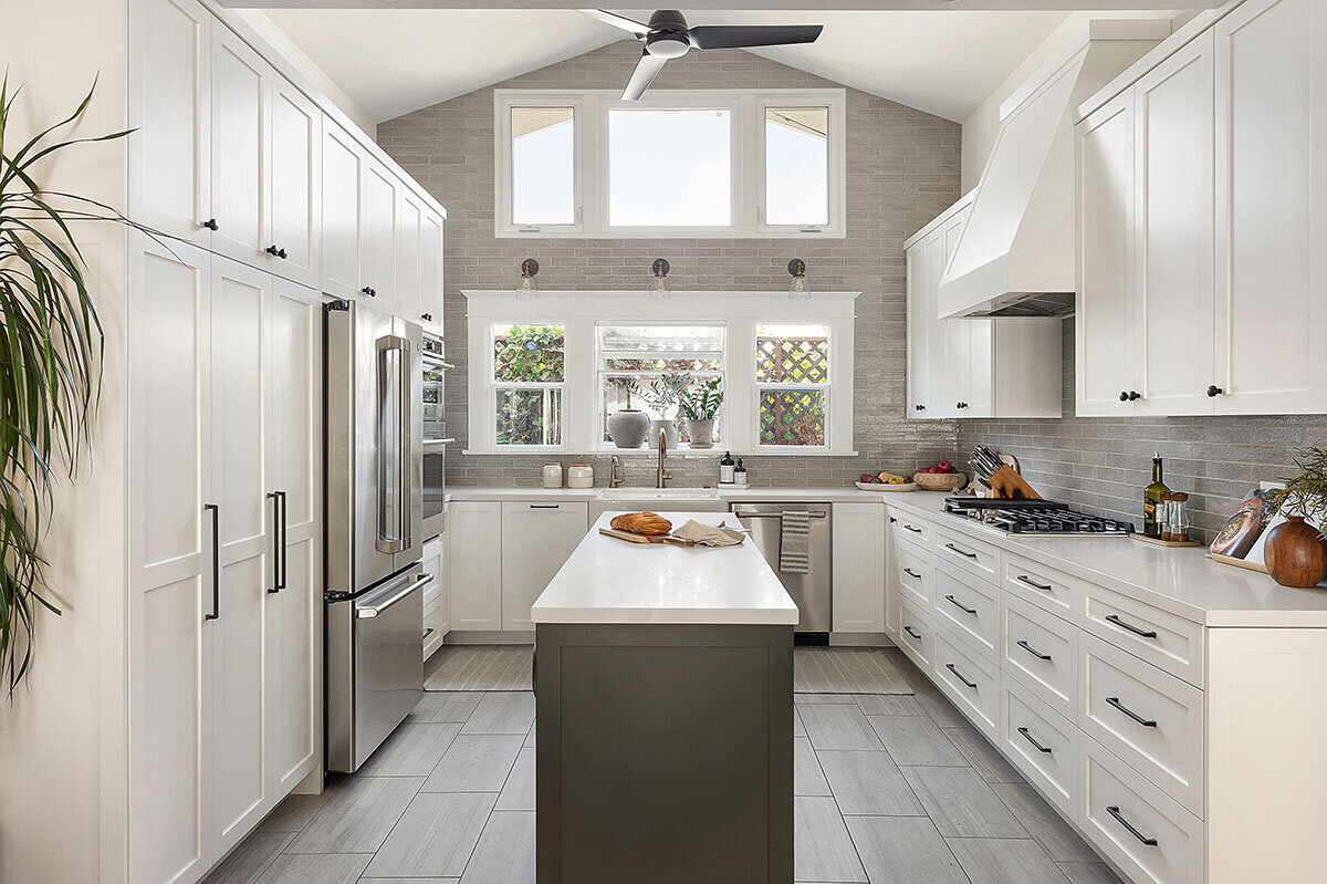 vaulted ceiling kitchen skinny island