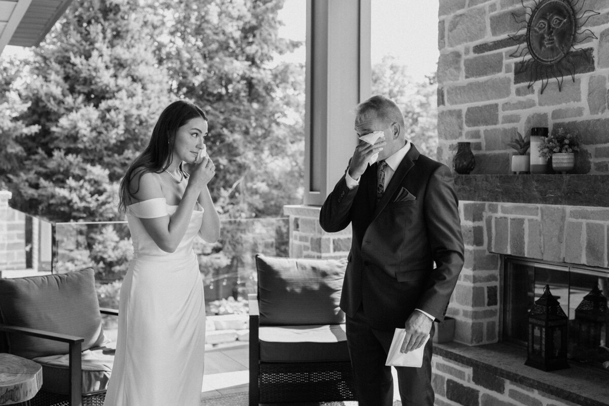 Bride and father wiping their tears as they see each other before the bride's wedding ceremony