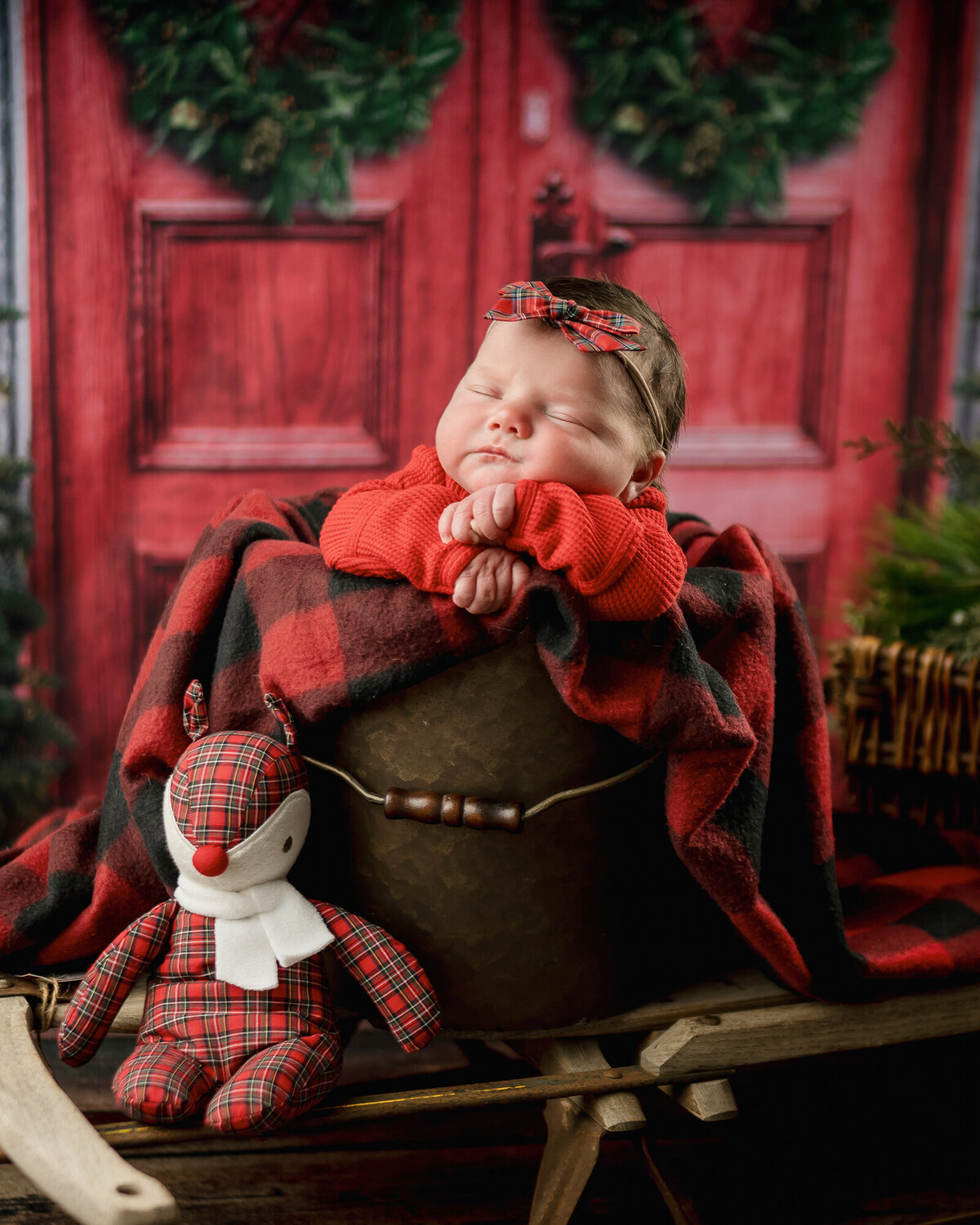 A baby sleeps in a christmas onesie in a bucket on a sled on a christmas themed photo set