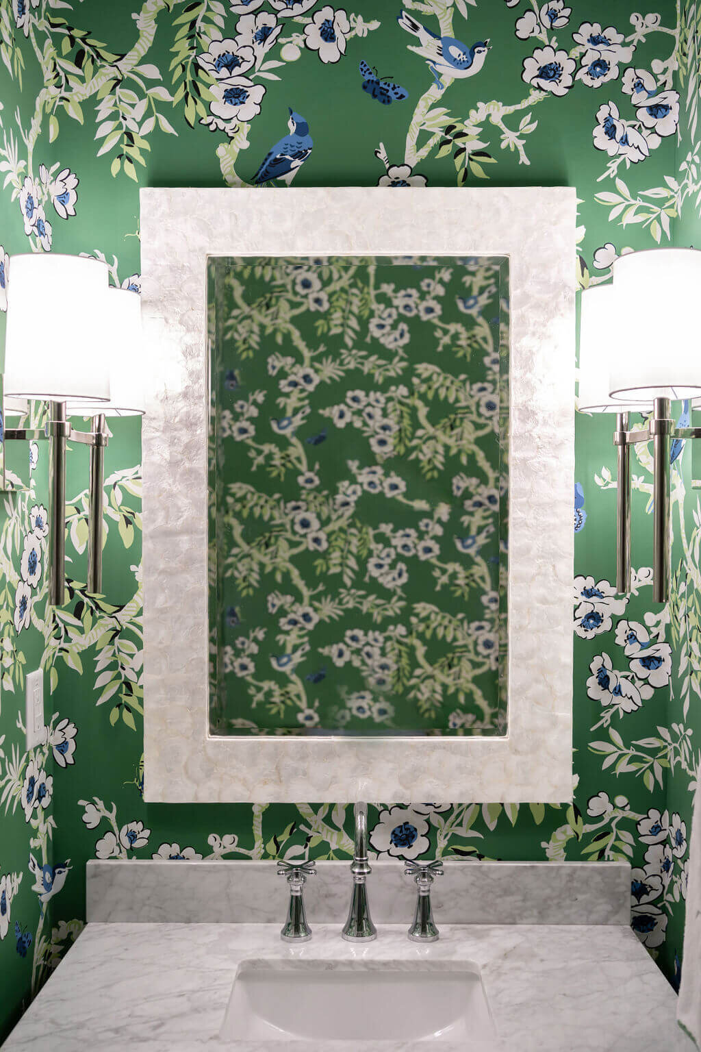 sweet southern home craftsman cutie green floral wallpaper in bathroom with marble countertops