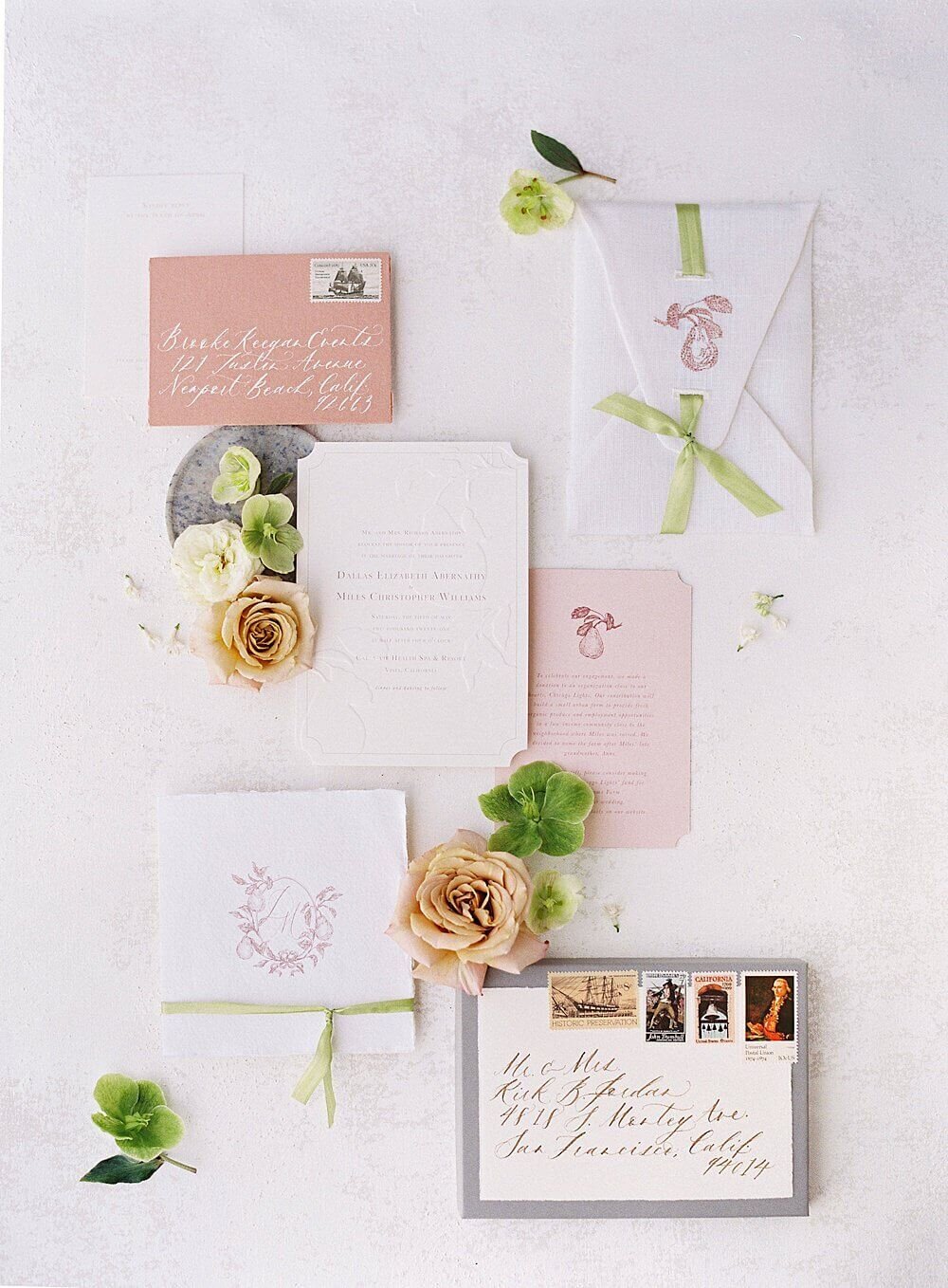 peach and pink stationary with pops of green for Cal-a-Vie wedding | Jacqueline Benét