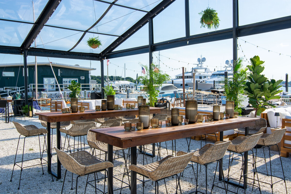 fruitwood communal tables, wrought iron legs