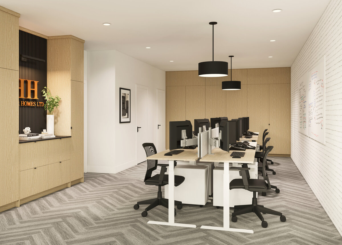 Modern office space interior design rendering by Ashley de Boer Interiors.