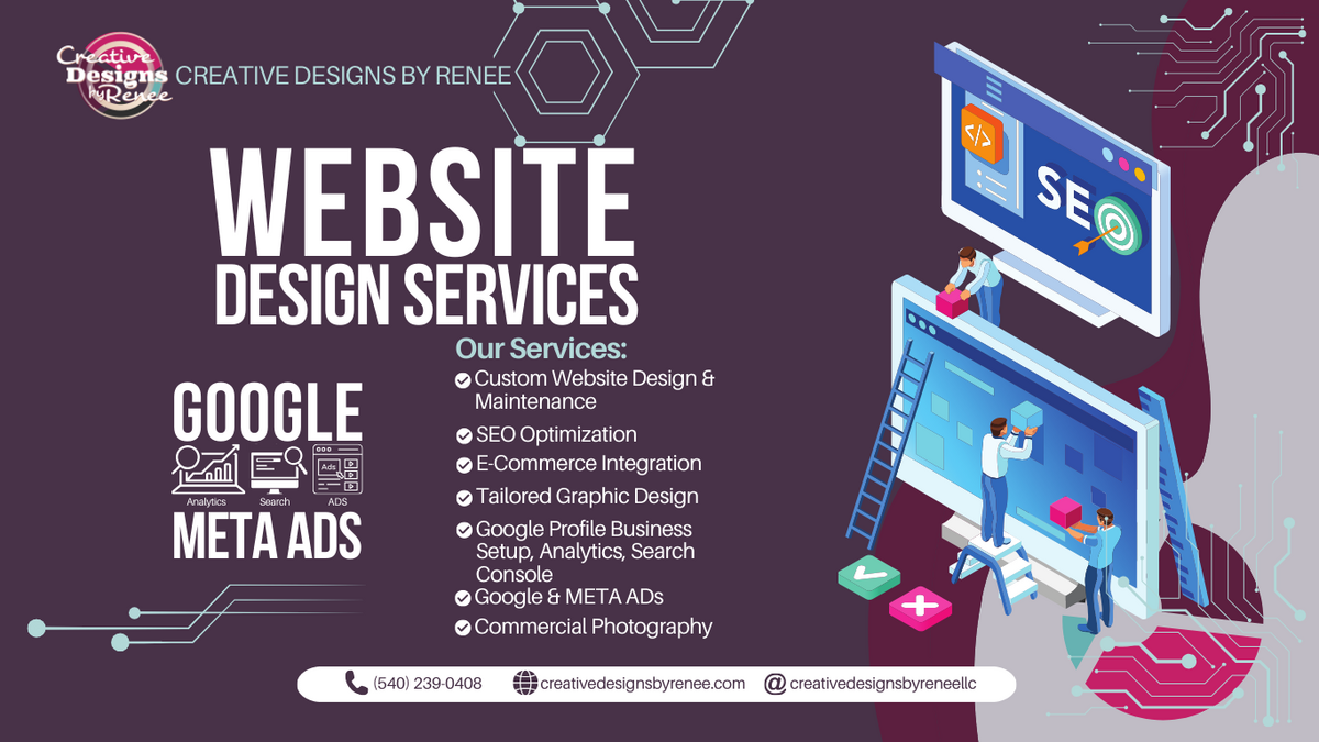 Custom website design solutions and maintenance with SEO optimization and options to include e-commerce integration, tailored graphic design, and syncing to the business' Google Business Profile, Google Search Console, and  Google Analytics.