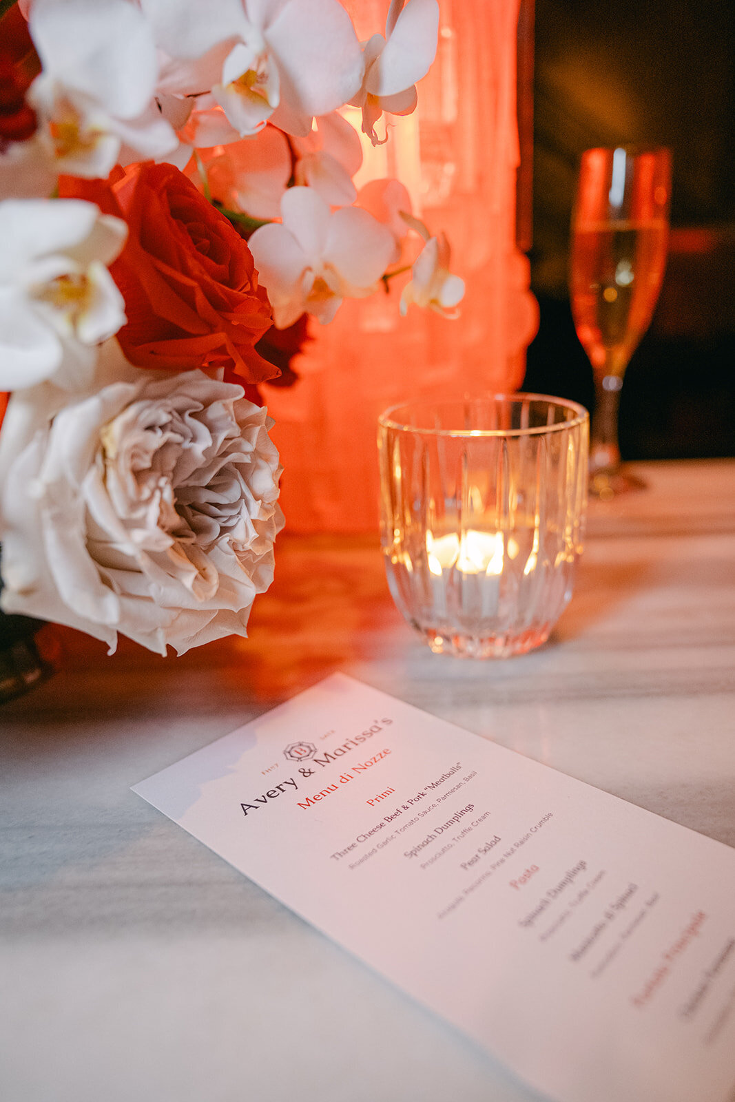 Elegant reception menu paired with a soft glow of votive at The Battalion in San Antonio