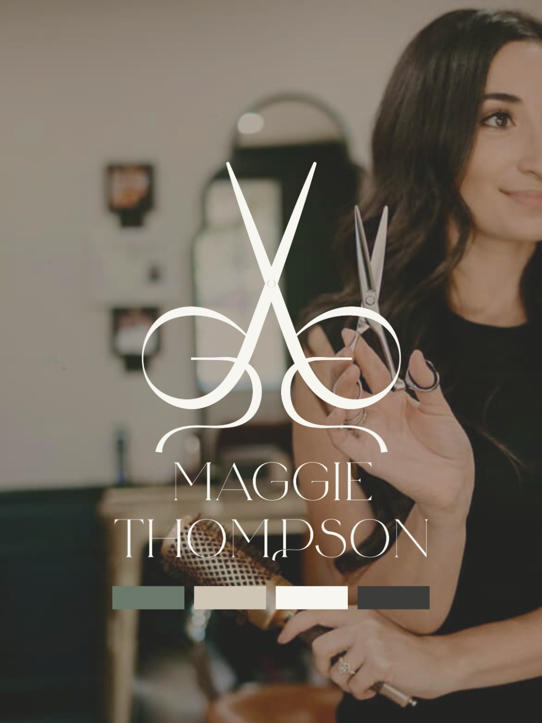 Color palette for hair stylist brand featuring muted green, beige, ivory, and charcoal with scissors logo overlay.