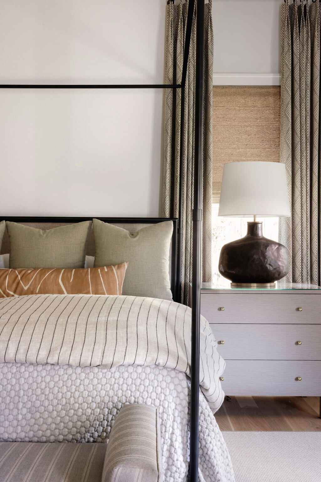 oyster creek studios stripling new build neutral bedroom green pillows