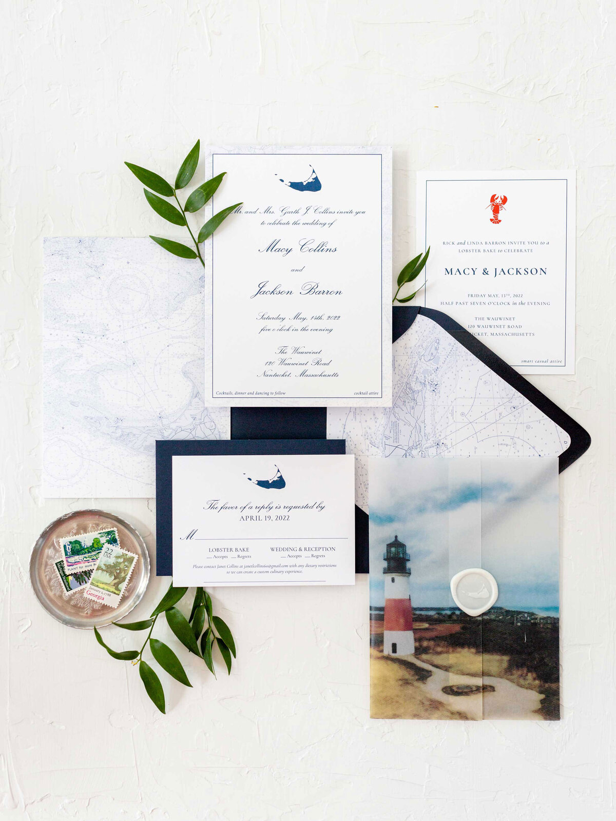 Nantucket Invitation suite with navy blue envelope and nautical chart envelope liner