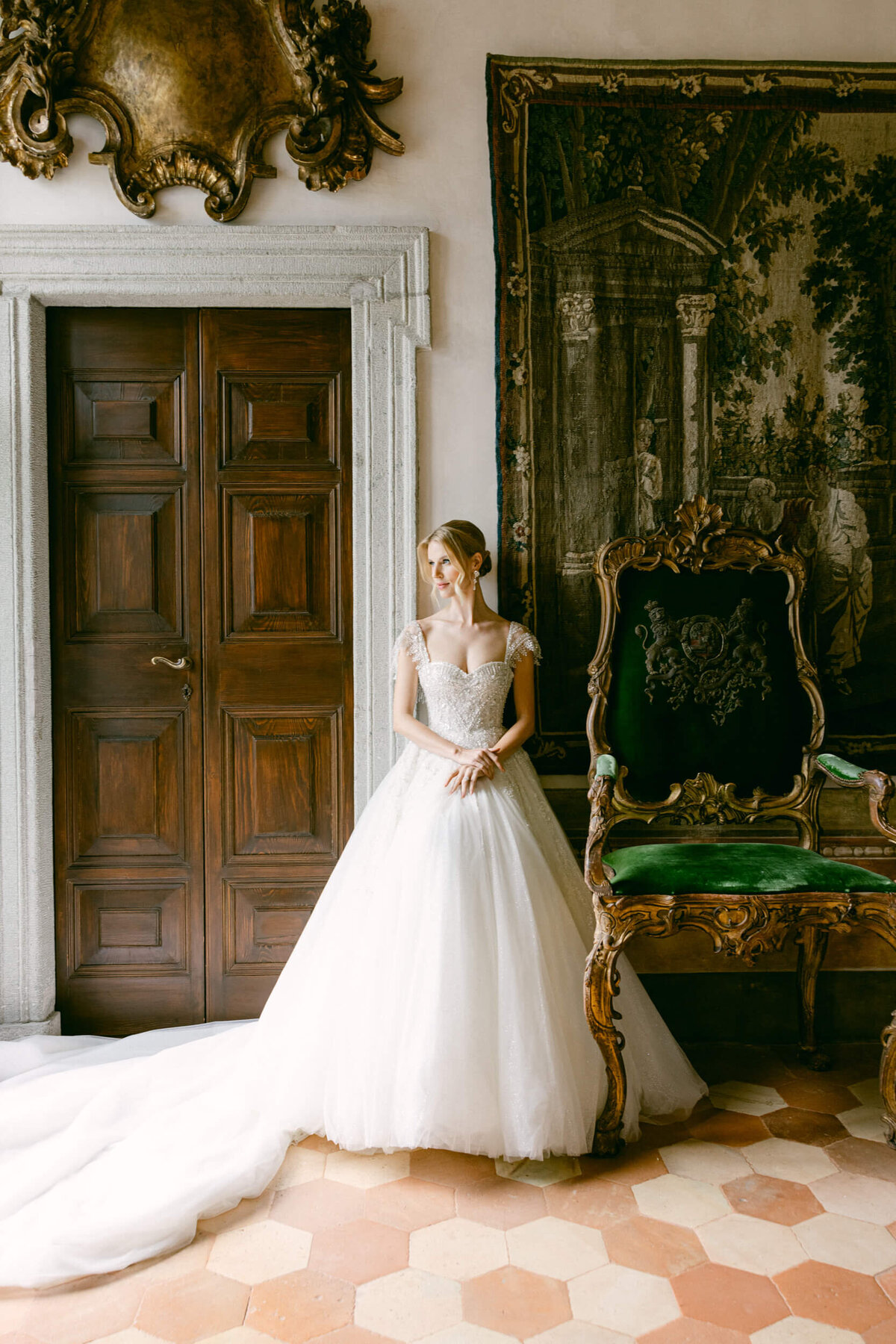 A wedding photo of a bride in her white wedding dress at Villa Balbiano on Lake Como in Italy