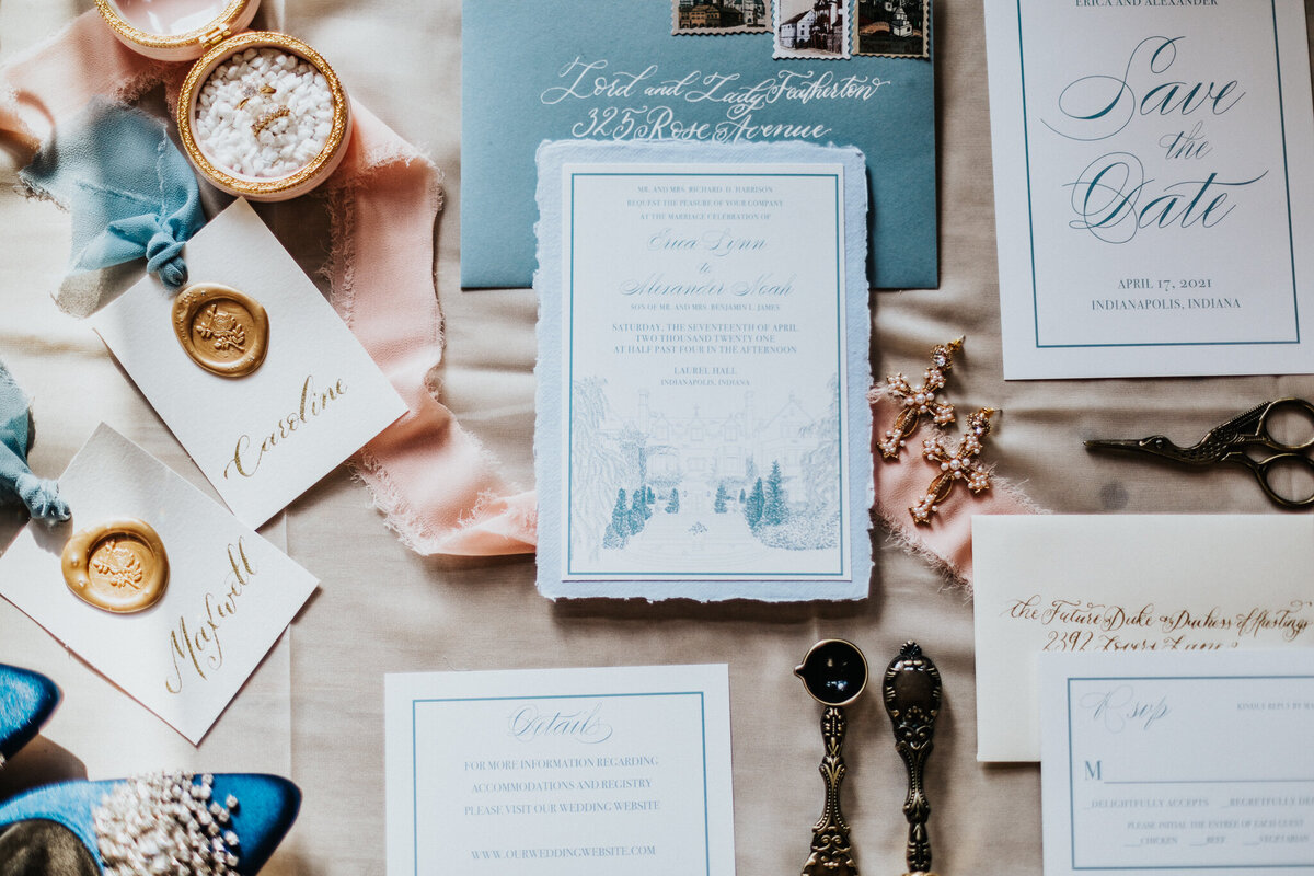 Bridgerton themed wedding stationary flatlay