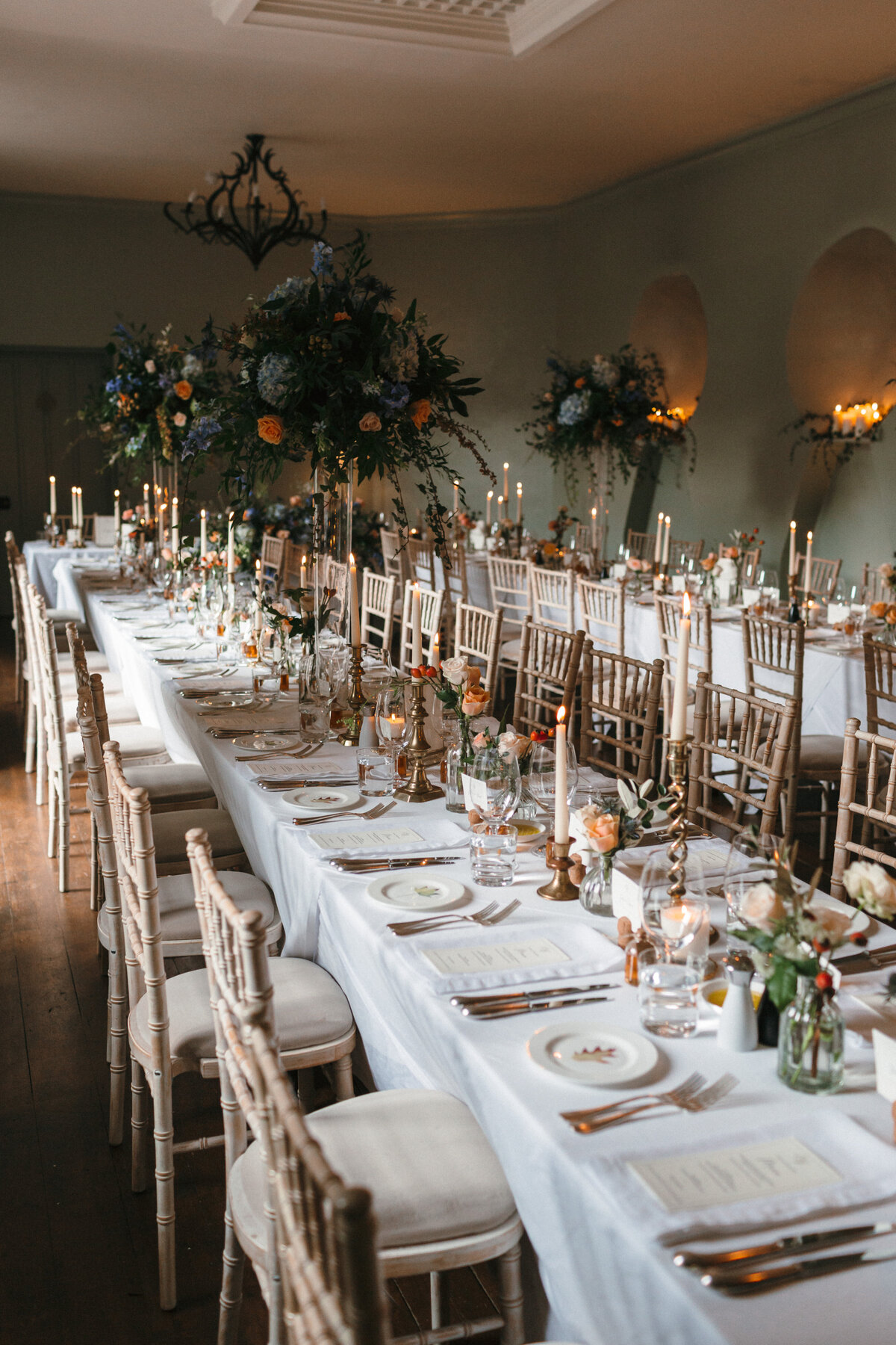 Wedding breakfast set up on long table at Hotel Endsliegh