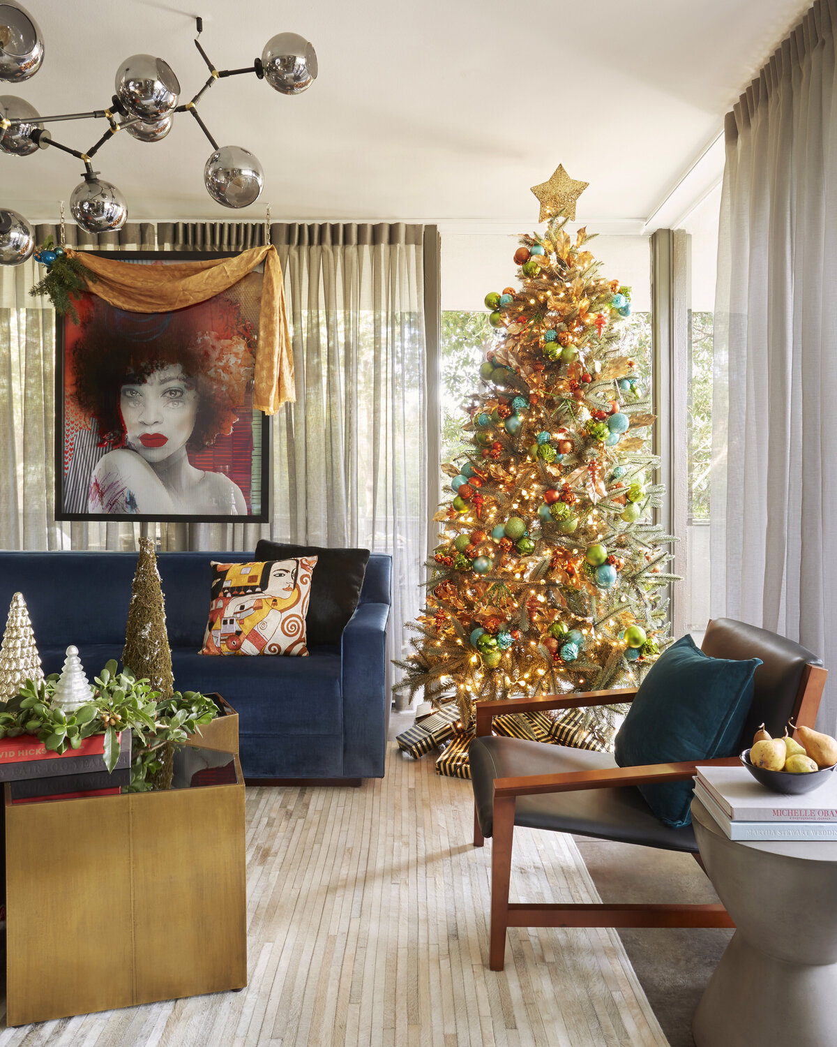 Blue comfy lounge Sofa with Christmas Tree Design