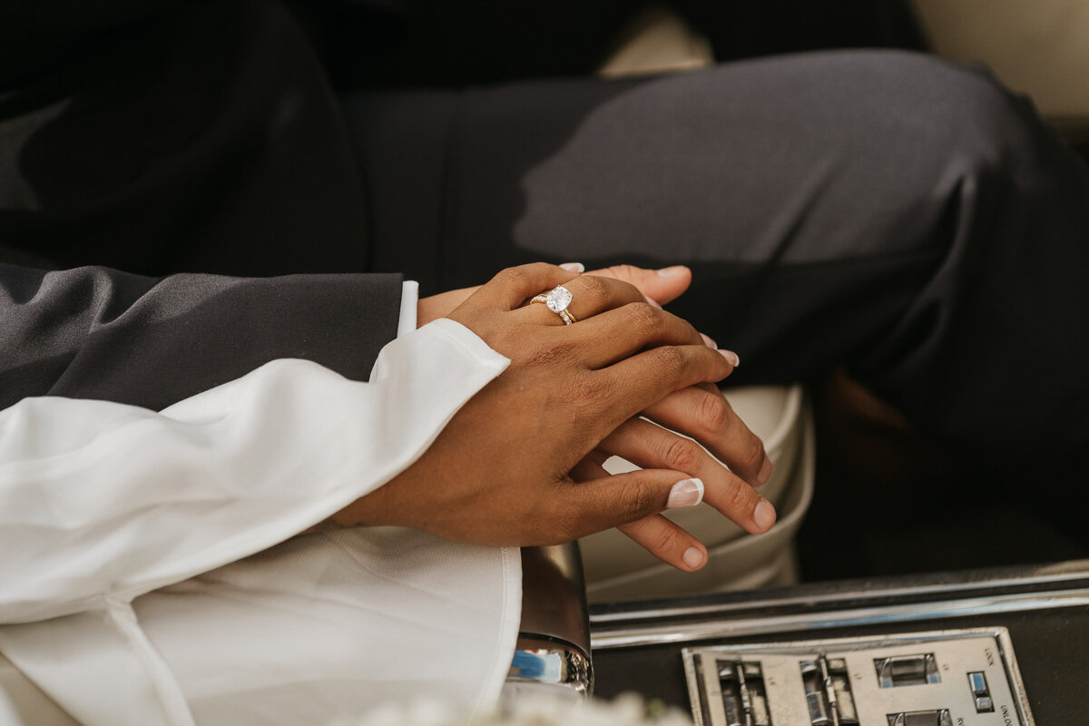 Two hands resting together showing off a wedding ring 