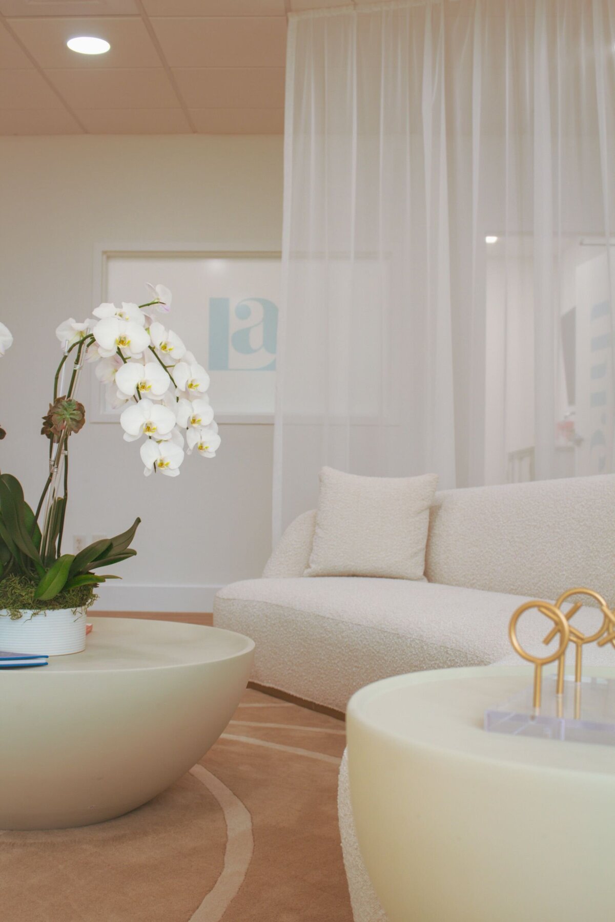 white sheer curtains and orchid in waiting area