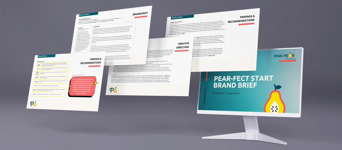 Image of a pdf brand brief that includes brand positioning, a StoryBrand Brand Script, creative direction, brand identity, client persona, target audience, brand messaging, and more.