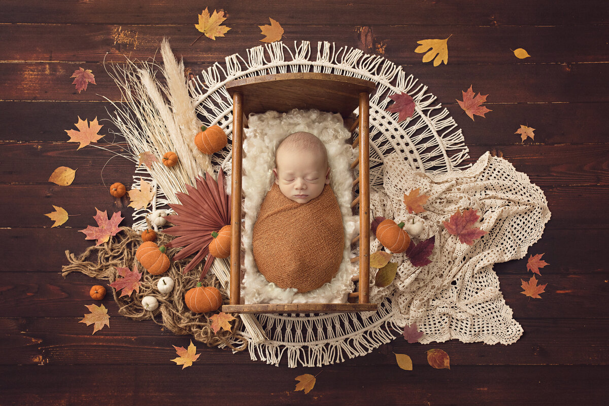 A fine art image of a sleeping newborn baby in a wooden crib surrounded by fall leaves during a NJ Newborn Photography session