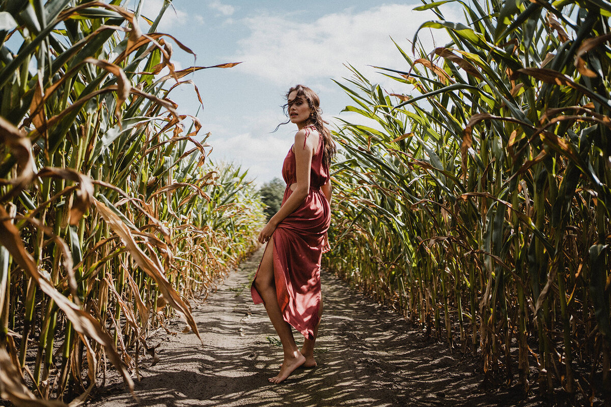 vrouw in een veld in een rode jurk, natuur, wolken, zon
