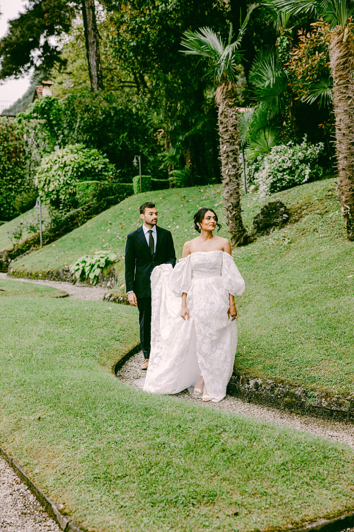 A wedding day photo of the bride and groom at Villa Aura del Lago on Lake Como in Italy